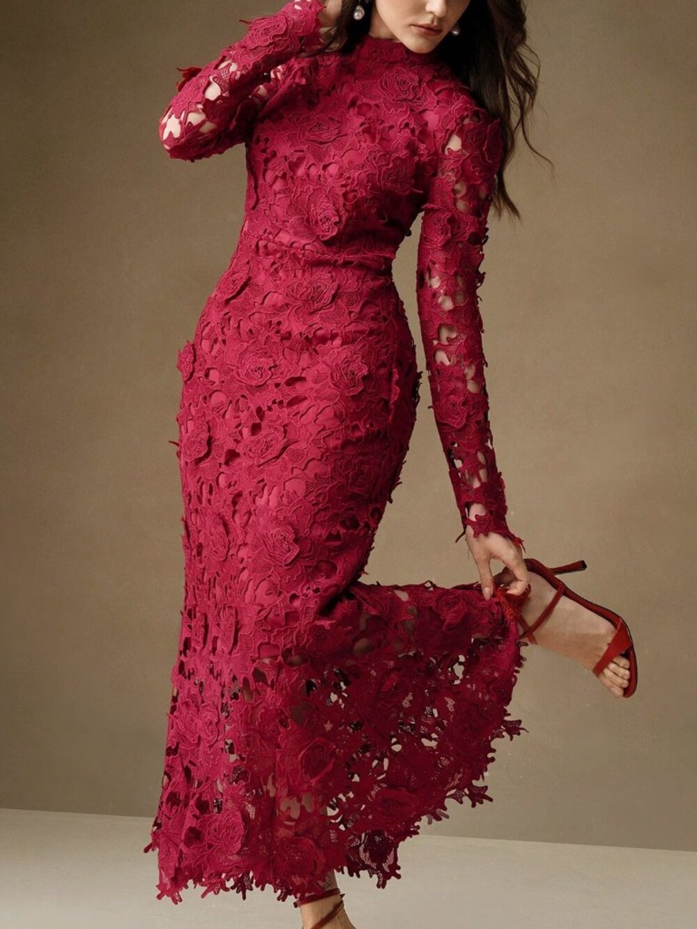 Burgundy Elegant Women's Long Sleeve Lace Hollow Out Dress